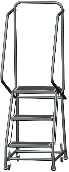 Ballymore H318R Steel Standard Rolling Ladder with Spring Loaded Casters and Handrails, Abrasive Mat Tread, Unassembled, OSHA/ANSI Standard, 3 Steps, 16" Step Width, 10" Top Step Deep, Gray