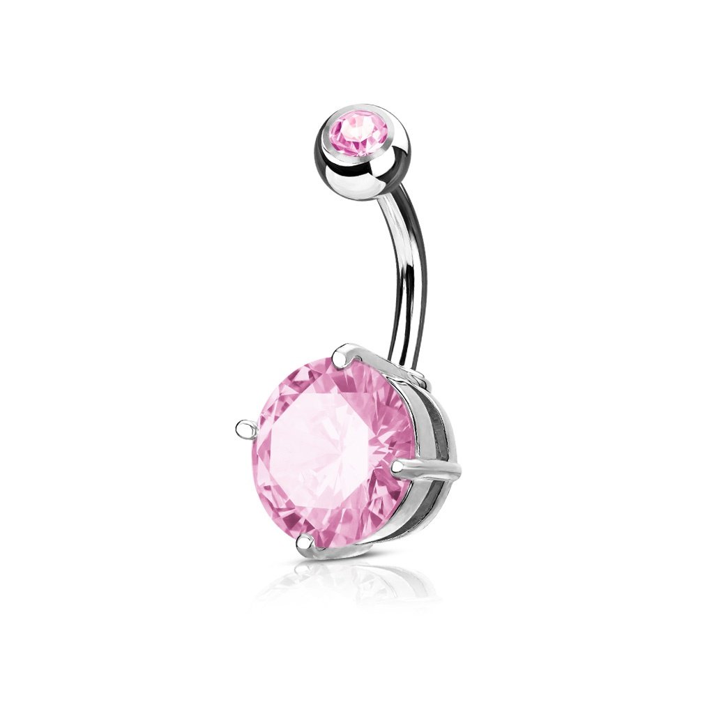 PiercedOff 316L Surgical Steel 1.6mm Belly Bar with 7mm Pink CZ Solitare - Length 10mm