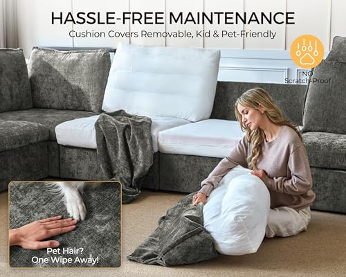Bedeep 124.8'' Oversized Modular Sofa Comfy Cloud Couch with Storage Wide L-Shaped Sectional Sofa Set with Chaise for Living Room, Covers Washable, 4-Seater with Ottoman, Chenille, Grey