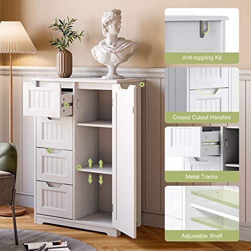 Gizoon Bathroom Floor Storage Cabinet with 4 Drawers, Freestanding Storage Organizer Cabinet with Door and Adjustable Shelves Wooden for Small Places in Kitchen Bathroom Entryway, White