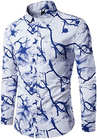 XMNUOMI Men's Splash-ink Printed Slim Fit Cotton Long Sleeve Button Down Casual Shirts Blue L CS28