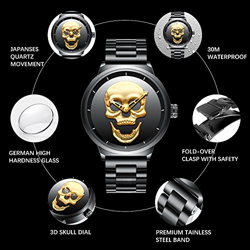 Mens Black Big Face Watches Men 30M Waterproof Large Luxury Stainless Steel Watch with Gold Dial for Men