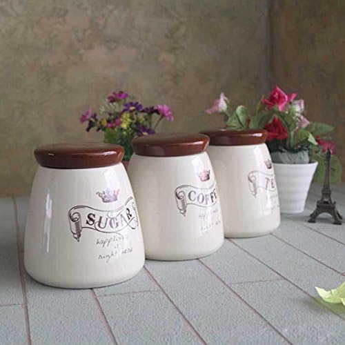 Set of 3 Kitchen Canisters Accessories Ceramic Beige Tea Coffee Sugar Storage Containers Jars New (Brown Lid Jars)