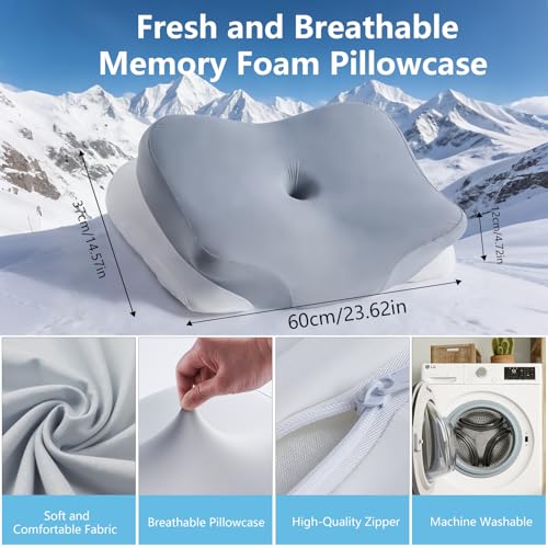 KEVIAN Cervical and Cervical Support Pillow, Ergonomic Curve, High Density Memory Foam Pillow for Side Sleeper, Face Up and Down Sleeping, with Washable Cover, 60 x 37 x 13/12 cm