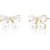 Sonateomber Gold Bow Pearl Stud Earrings for Women, Dainty Cute Cubic Zirconia Rhinestone Ribbon Bowknot Earings Prom Wedding Fashion Jewelry Gift