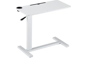 ANTSUN Adjustable Medical Overbed Table with Hidden Wheels Pneumatic Foldable Bedside Table with Cup Holder for Hospital Rolling Computer Cart Mobile Standing Desk Laptop with Tray (White)