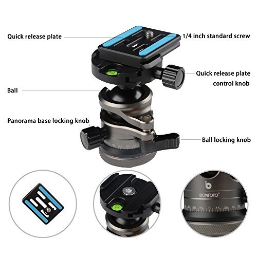 BONFOTO Carbon Fiber 57.6" B674C Lightweight Portable Compact Travel Tripod and Monopod with 360 Degree Ball Head + 1/4" Quick Release Plate + Carry Bag for Canon Nikon Sony DSLR Cameras