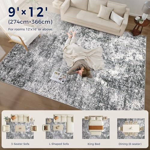 DMOYEST Area Rug Living Room Rugs - 9x12 Large Soft Indoor Neutral Modern Abstract Low Pile Washable Rug Carpet for Bedroom Dining Room Farmhouse Home Office - Grey