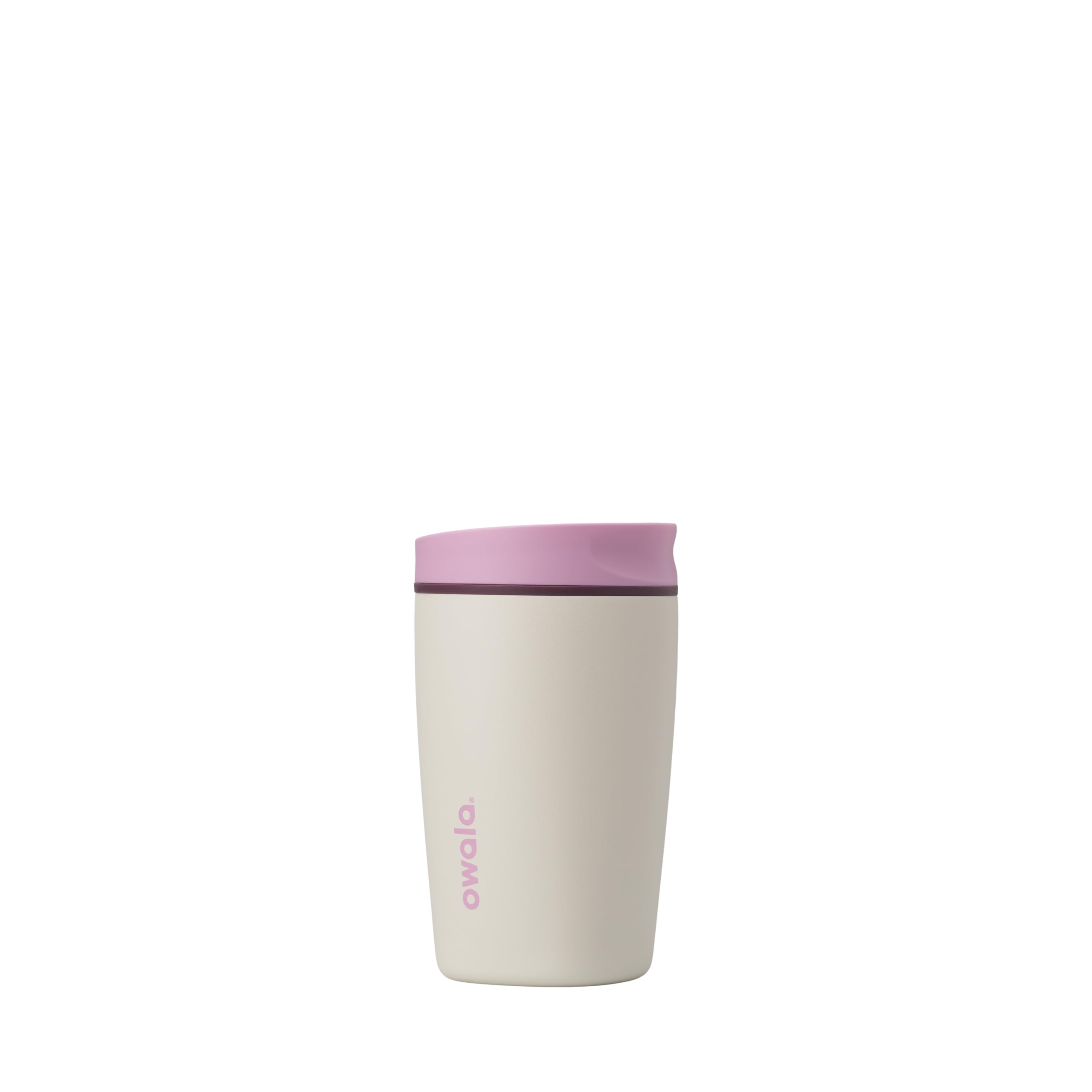 Owala SmoothSip Slider Insulated Stainless Steel Coffee Tumbler, Reusable Iced Coffee Cup, Hot Coffee Travel Mug, BPA Free 12 oz, Pink/Tan (Daybreak)