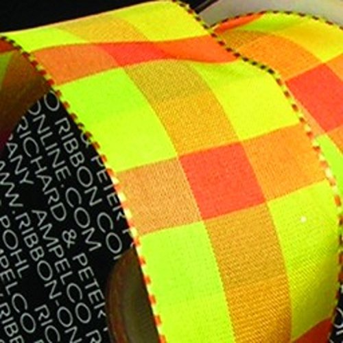 Orange and Green Gingham Woven Taffeta Wired Craft Ribbon 1.5