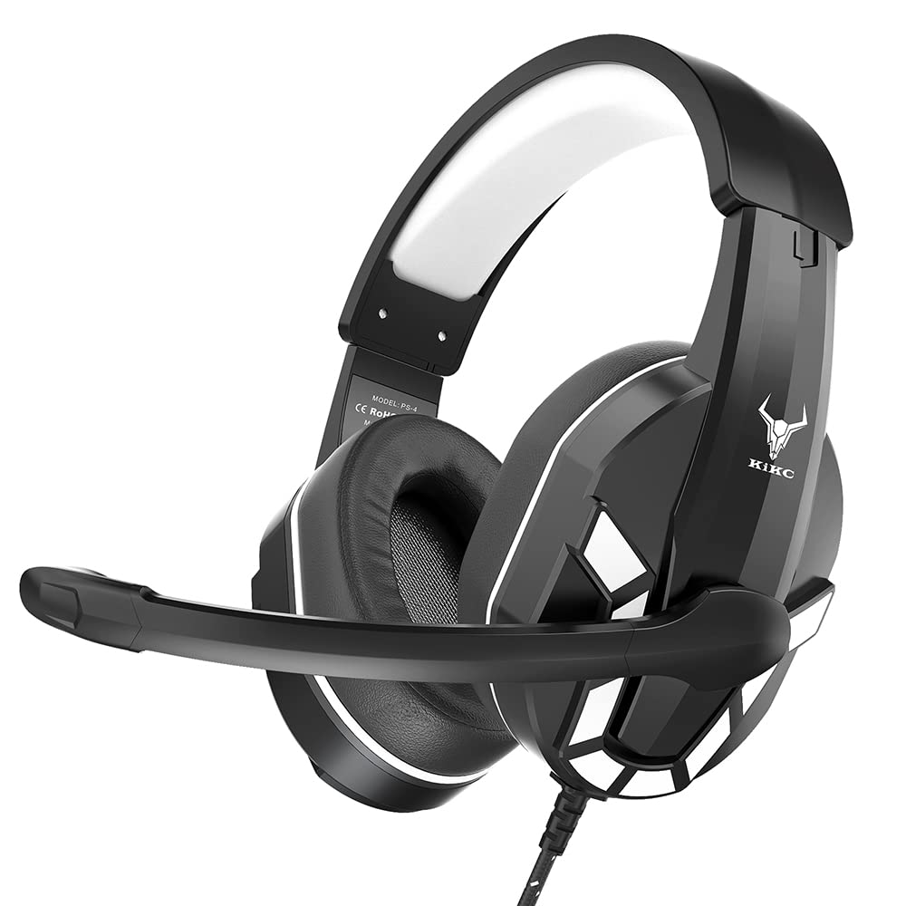 Kikc PS4 Gaming Headset with Mic for Xbox One, PS5, PC, Mobile Phone and Notebook, Controllable Volume Gaming Headphones with Soft Earmuffs for Kid (White)