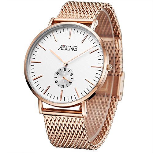 Men's Wrist Watch Analog Quartz with Rosegold Steel Mesh Band Stainless Steel Case 40mm
