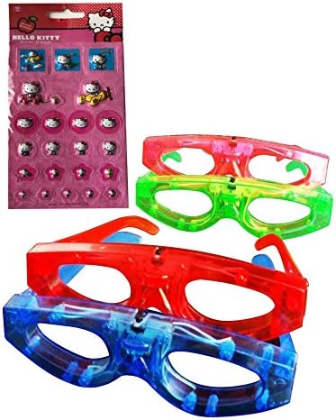 Original 2 Item Bundle : Party Favors 12 Piece Light up Flashing, Blinking Birthday Party Favor Glasses for Kids( Red, Green, Blue, Pink ) &amp; 1 Sheet of Assorted Hello Kitty Puffy Stickers