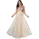 Giffniseti Women's Sequin Chiffon V Neck Maxi Dress Short Sleeve Prom Evening Gowns