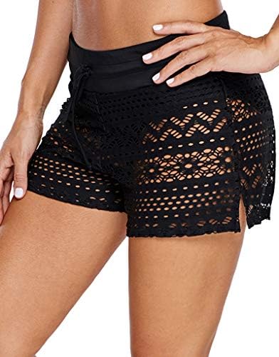 Women's Lace Swimsuit Bottoms Hollow Out Overlay Bikini Board Shorts
