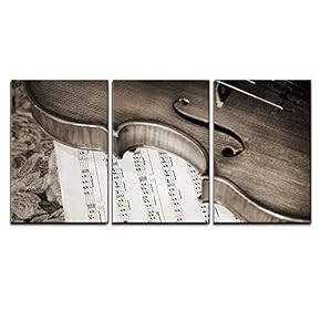 3 Piece Canvas Wall Art - Close-Up Picture of The Old Italian Violin Witn Score - Modern Home Art Stretched and Framed Ready to Hang - 16"x24"x3 Panels