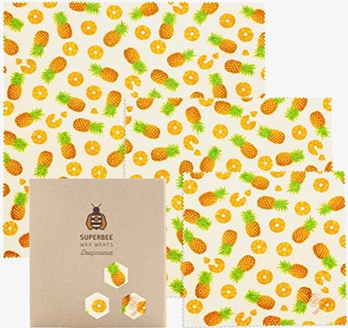 Superbee Beeswax Wrap | Set of 3: Small, Medium and Large | Pineapples | Reusable, Eco Friendly, Zero Waste Food Wrap