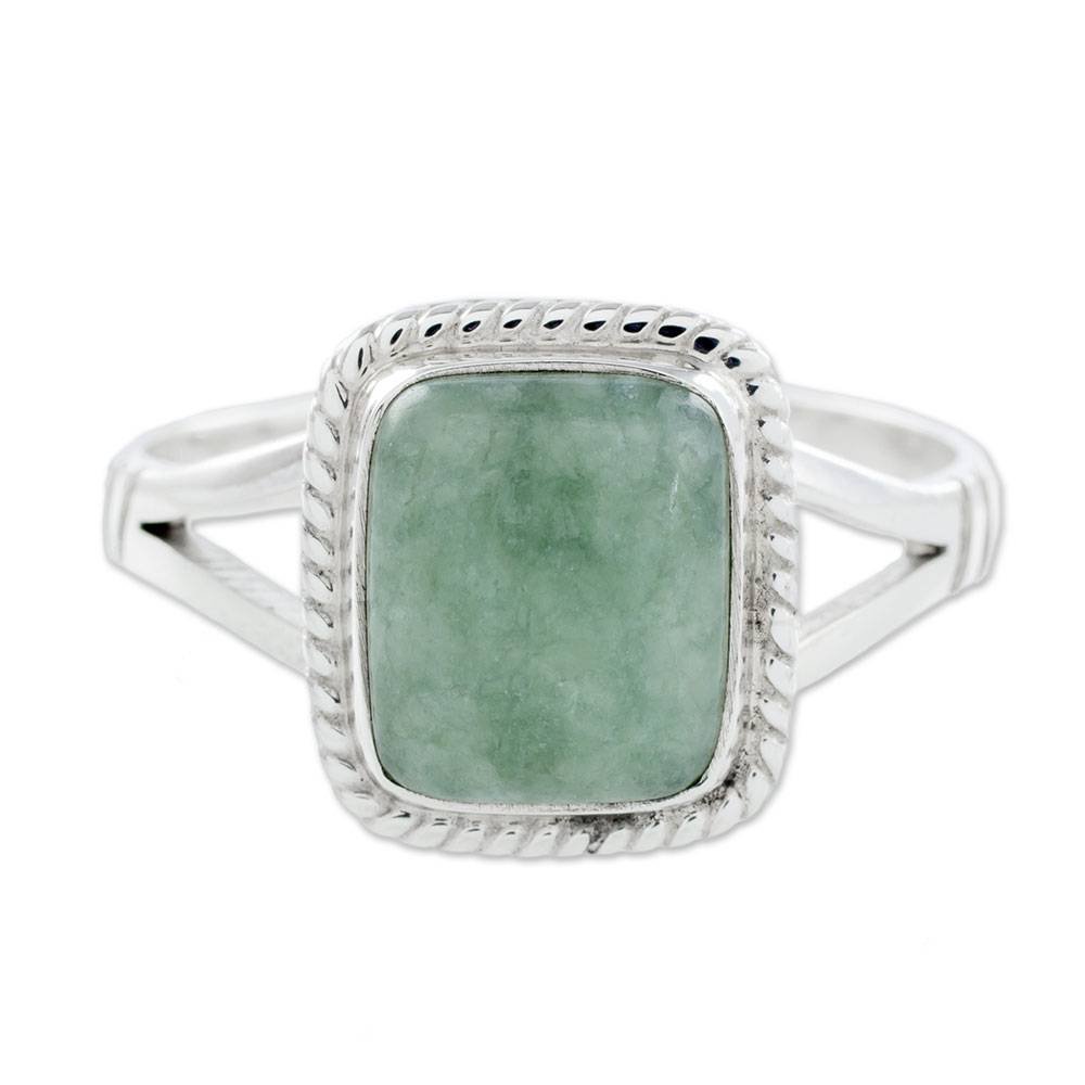 Square Light Green Jade .925 Sterling Silver Cocktail Ring, Life Divine'