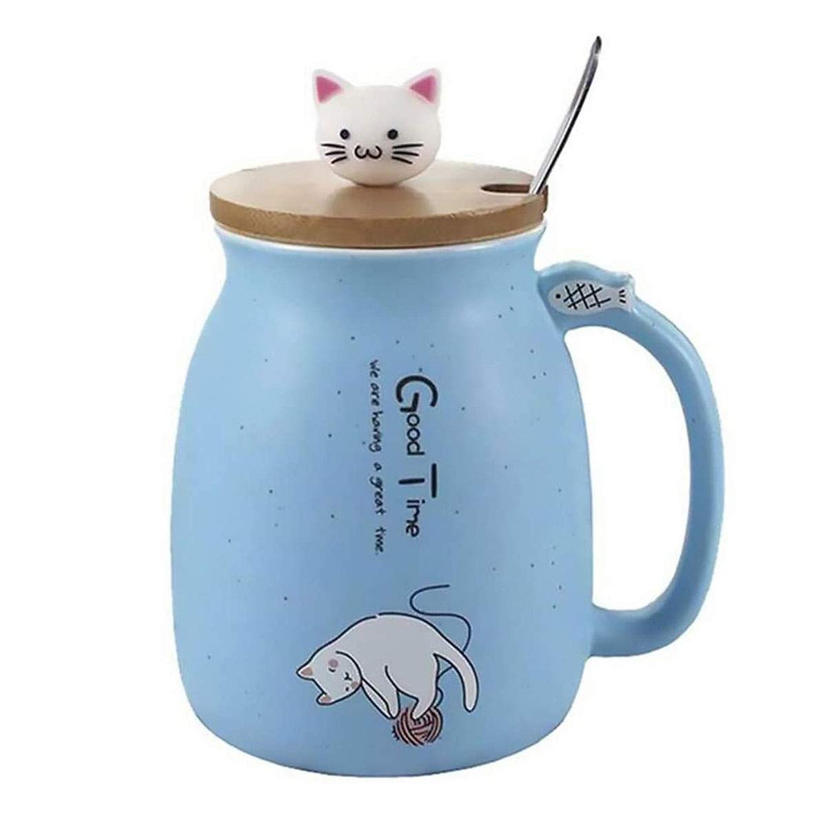 Sharemee - Ceramic Mug, Cute Cat Mug for Coffee, Kawaii Cat Cup with Lid and Stainless Steel Spoon, Coffee and Milk Mug for Birthday, Blue, 450ML/15OZ