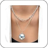 Andelaisi Boho Layered Butterfly Coin Pendant Necklace Vintage Butterfly Chunky Chain Necklace Silver Butterfly Disc Ball Chain Necklace Adjustable Cuban Curb Link Choker Necklace Jewelry for Women