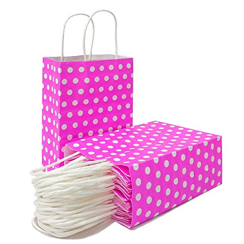 Polka Dot Gift Bags Pink Kraft Paper Bags with Handles for Party Favors Supplies by ADIDO EVA（8.2 x 6 x 3.1 in 25 PCS Hot Pink）