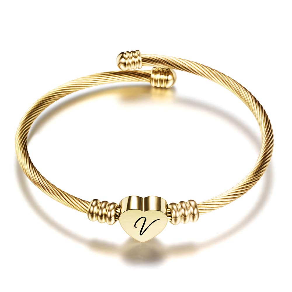 VQYSKO Bracelet Initial Heart Women Girl 26 Letters Engraved Laser A-Z Engraving Stainless Steel Charm Bangle Bracelet Cable Bracelet 18cm 5 Colors (Gold, F)