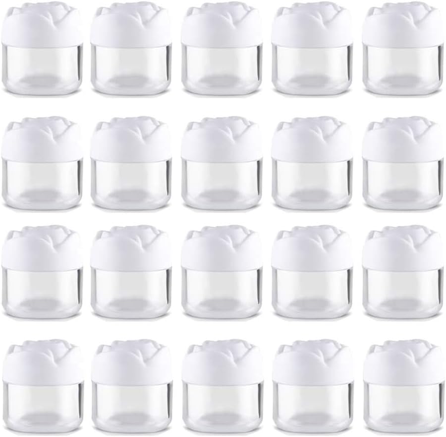 (Pack of 100) 20g Empty Refillable Plastic Clear Cream Containers - Moisturizer Salves Eye Cream Gel Eyeliner-with White Flower Shape Screw Lids