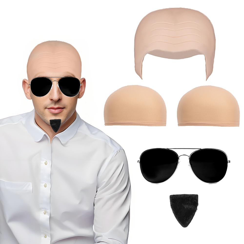 Morticia 5pcs Bald Cap with Hair Cap Fake Beard Golden Edge Sunglasses for Adults Halloween Costumes Rap and Hip-hop Style for Men Women Cosplay Makeup Party (CO-3pcs)