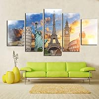 HIOJDWA Paintings Canvas HD Prints Painting Wall Art Poster Framework 5 Pieces Monuments Buddha Eiffel Tower Statue of Liberty Pictures Home Decor