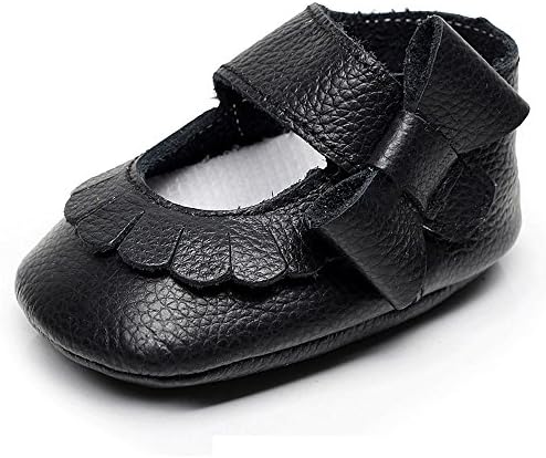 R&amp;V 0-24M Infant Girls Moccasins 100% Real Leather Soft Sole Bowknot Toddler Girl Shoes Princess Firstwalkers (Inner Length: 13cm(12-18M), Black)