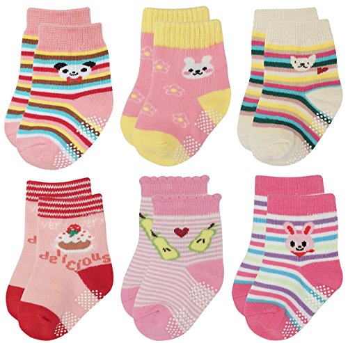 Deluxe Non Skid Anti Slip Slipper Cotton Crew Socks With Grips For Baby Infant Toddler Girls (6-12 Months, 6-pairs/assorted)