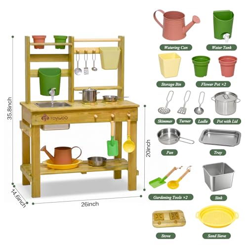 TOYWOO Mud Kitchen Children's Outdoor Play Kitchen, 3-in-1 Mud Table with Water Tank and Sink, Garden Play Kitchen Made of Finnish Wood for Boys Girls from 3 Years