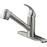 UFAUCET Kitchen Faucet with Pull Out Sprayer, Low Profile, Brushed Nickel | Stainless Steel, Single Handle, 360&deg; Swivel Spout, Lead-Free NSF Certified, Deck Plate for 1 or 3 Hole, RV Laundry Bar Sink