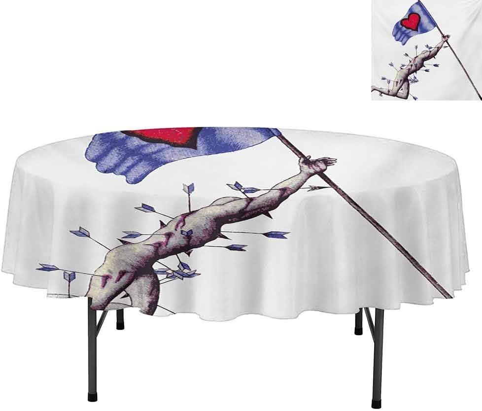 Aishare Store Polyester Fabric Table Cloth, Warrior Wounded by Arrows Holding Flag of Valentines Whe, Table Cloth for Spring Summer Party Picnic Camping, Round 54", Blue White