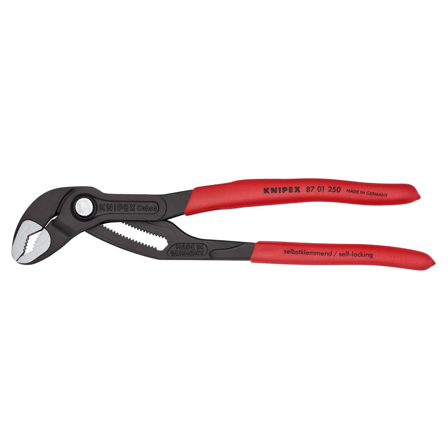 KNIPEX Cobra Wasserpumpenzange, 250 mm, Muttern bis 46 mm, Rohre bis 50 mm, Feinverstellung per Knopfdruck, Rohrzange, 87 01 250