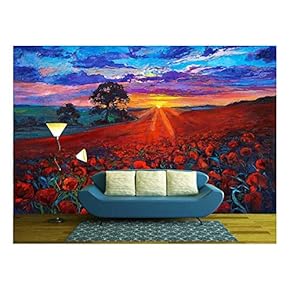 Original Oil Painting of Opium Poppy(Papaver Somniferum) Field in Front of Beautiful Sunset on Canvas - Removable Wall Mural | Self-Adhesive Large Wallpaper - 66x96 inches