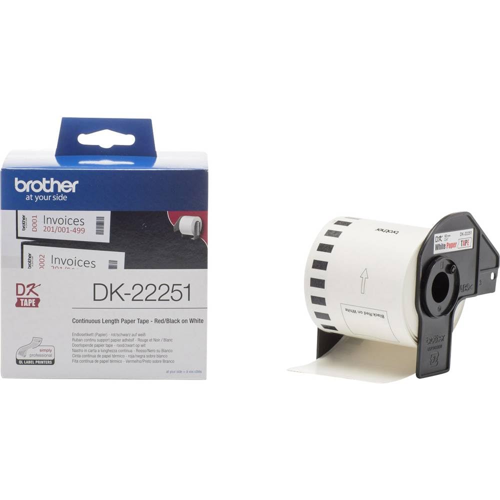 Brother DK-22251 Label Roll, Continuous Length Paper, Black/Red on White, Single Label Roll, 62mm (W) x 15.24M (L), Brother Genuine Supplies