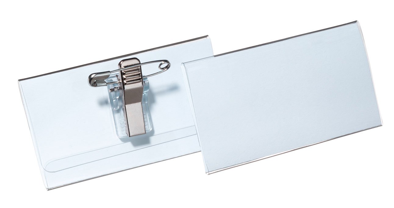 Durable Name Badge 40 x 75 mm with Combi Clip Transparent | Pack of 25 Badges | Includes Blank Insert Cards | Ideal for Events and Visitor Management