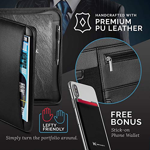 NERO Zippered Vegan Leather Padfolio/Portfolio Pad Holder