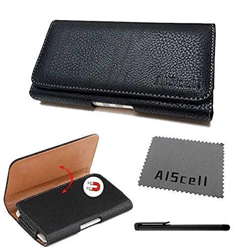 AIScell Pouch For Huawei Ascend Mate 2 / Mate 9 / Ascend XT~ Sideways Premium Black Leather Case Carrying Pouch Belt Clip Holster+AIScell Cleaning Cloth+Stylus Pen