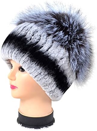 MINGCHUAN Elastic Fur Hat Knitted Genuine Rex Rabbit Fur and Silver Fox Fur Beanie Hat With Fur Tassel