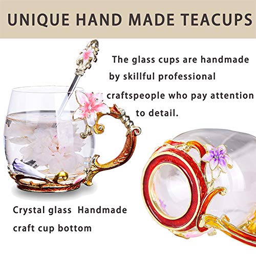 Tea Cup Coffee Mug Cups, Creative Lily Flower Glass Tea Cup, Handmade Tea Mug, Unique Personalized Birthday Present Ideal for Friend Wedding Anniversary Christmas Birthday - 12OZ Pink