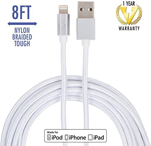 vCharged 8 FT Long iPhone Charger Nylon Braided USB Lightning Cable for iPhone X, 8 / 8 Plus, iPad &amp; More