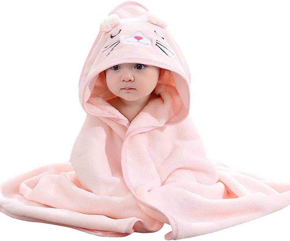 HiABsee Baby Towels with Hood Pink Cat Ultra Soft 80x80cm Coral Fleece