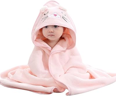 HiABsee Baby Towels with Hood Pink Cat Ultra Soft 80x80cm Coral Fleece