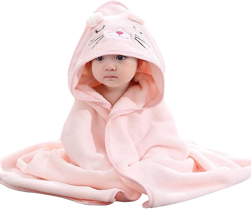 HiABsee Baby Towels with Hood Pink Cat Ultra Soft 80x80cm Coral Fleece