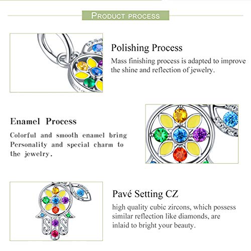 Hamsa Hand fit Pandora Charms Bracelet, 925 Sterling Silver Good Luck Vintage Fatima Hand Dangle Charms Pendant with Blue Evil Eye for Snake Chain Bracelet Necklace FQ0053