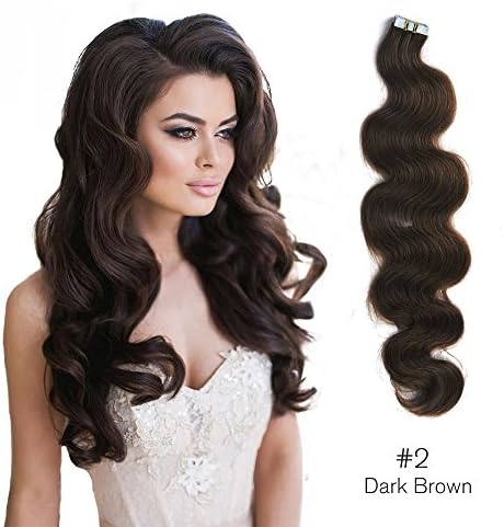 Wavy Tape in Hair Extensions Remy Human Hair Glue in Extensions Body Wave Seamless Skin Weft Tape in extensions Dark Brown (#2) 20" 50g 20Pcs/Package