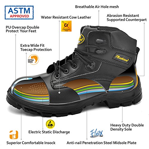 SAFETOE Men's Steel Toe Work Boots WaterResistant Leather Lace Up