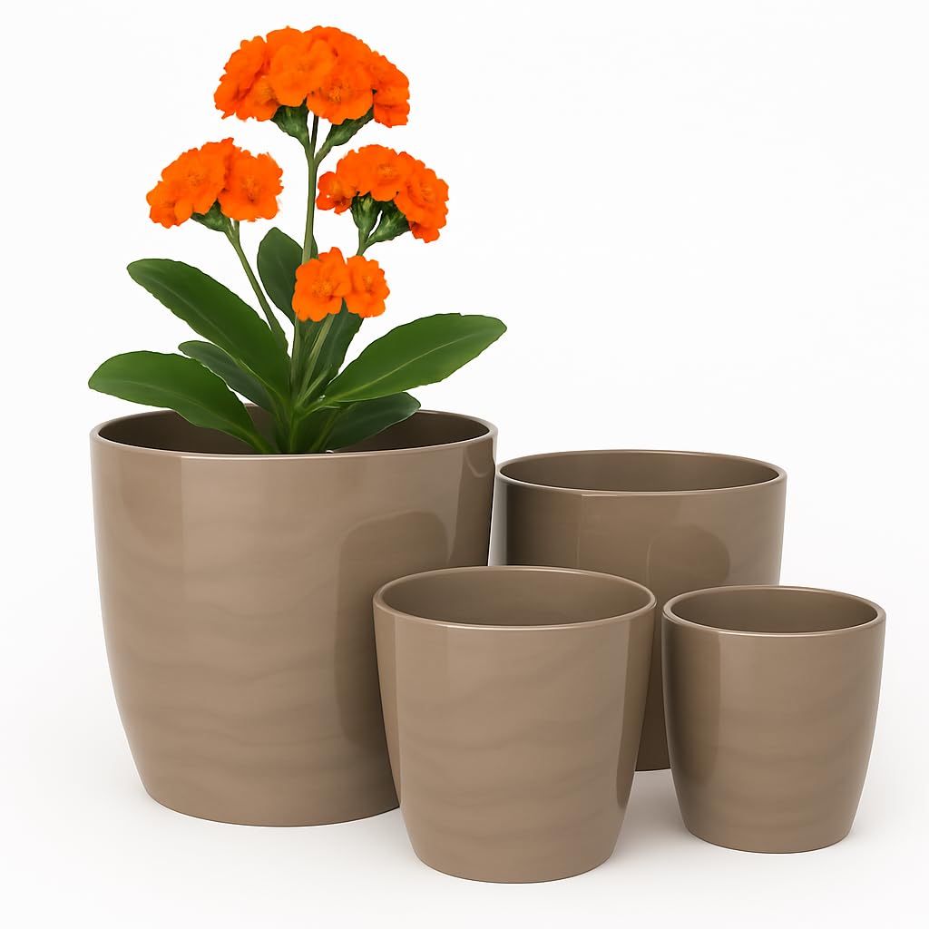 Home Garden Ornaments Plant Pots Indoor Marble Look Indoor Plant Pot Decorative Set of 4 Flower Pots 12/14/16/18cm (Brown)
